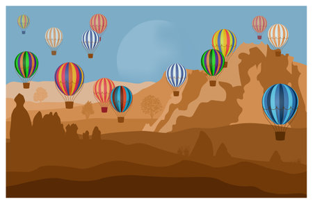 Cappadocia, Turkey. Colorful vector illustration with air balloons.のイラスト素材