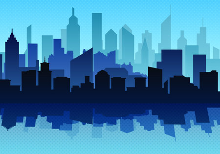 Vector City landscape. Blue silhouette of the cityのイラスト素材