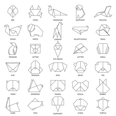 Set of origami animals, insects, birds and objects in flat style.のイラスト素材