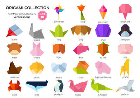 Set of origami objects. Vector gradient icons.のイラスト素材