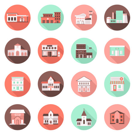 Colored and flat urban government buildings icons.のイラスト素材