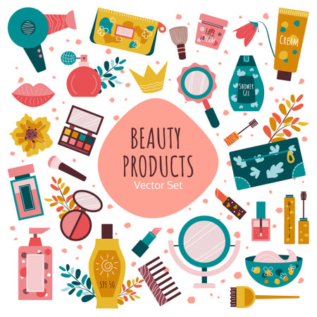 Hand drawn Vector set of beauty cosmetic productsのイラスト素材