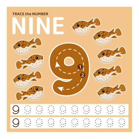 Trace number nine. Learning to count and write.のイラスト素材