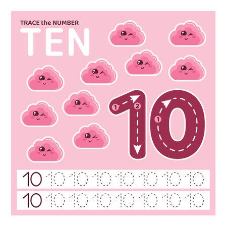 Trace number ten. Learning to count and write.のイラスト素材