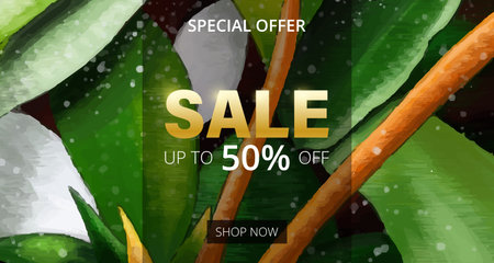 Sale banner with tropical leaves and flowers.のイラスト素材