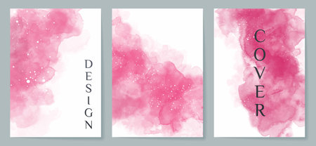 Set of watercolor covers with pink ink splashes.のイラスト素材