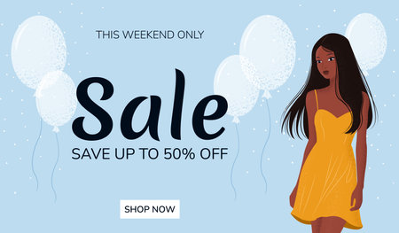 Vector Sale web banner with woman and balloons.のイラスト素材