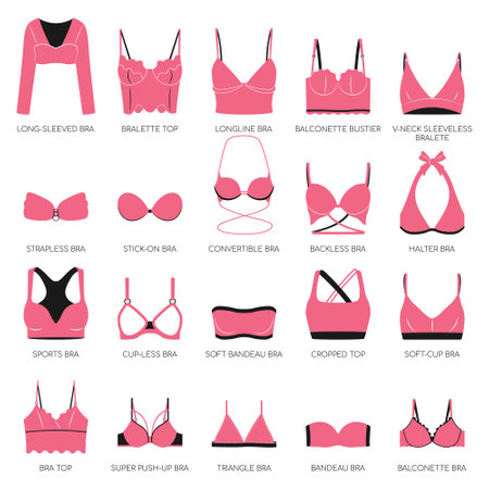 Types of bras. Big vector set of pink lingerie.のイラスト素材