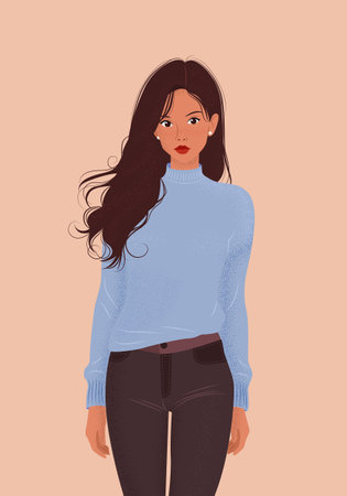 Vector vertical poster with woman in blue sweater.のイラスト素材