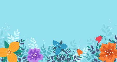 Horizontal banner, floral background with flowers and leaves.のイラスト素材
