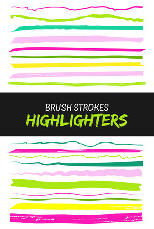 Brush highlight lines and strokes set. isolated vector design elements on background. Doodle neon various strokes of marker. Acid highlighters marker stripes, underlines for any use. Set of brushes.のイラスト素材