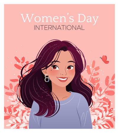 International Womens Day. 8 March. Portrait of cartoon woman with herbs. Young beautiful girl smiling. Design for poster, campaign, social media post, postcard. Vector illustration.のイラスト素材