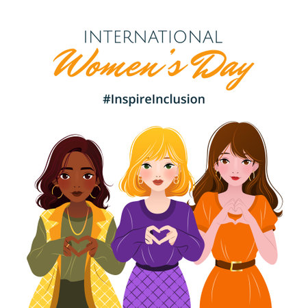 Inspireinclusion. 2024 International Womens Day. Square banner with young diverse ethnicity women showing sign of heart with their hands. Vector design for poster, campaign, social media post.のイラスト素材