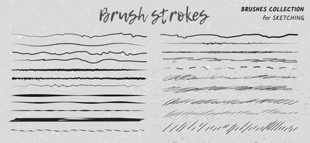 Brush highlighter lines and strokes set. isolated vector design elements on craft background. Doodle black various strokes of marker. Stripes, underlines for any use. Collection of brushes.のイラスト素材