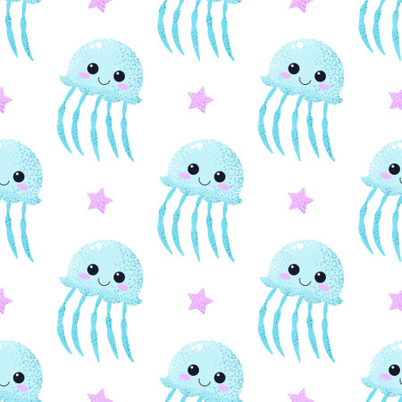 Seamless pattern with blue jellyfish and stars. Cute cartoon childish print. Underwater animals on white background. Graphic vector design for textile, wrapping paper, wallpaper, print or fabric.のイラスト素材