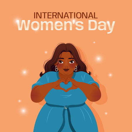International Womens Day. 8 March. Inspire inclusion. Banner with indian woman showing sign of heart. Modern vector design for poster, campaign, social media post. Body positive movement.のイラスト素材