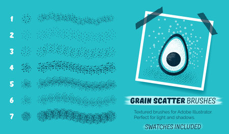Grain scatter brushes. Set of abstract grunge brushes. Creative collection with noise effect, grunge texture, paint splash, halftone. Basic kit and brush strokes. Swatches included. Vector eps10.のイラスト素材