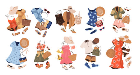 Outfits set in casual style for women. Fashion clothing, accessories, swimwear, bags, shoes for spring, summer and vacation. isolated flat vector illustrations on white background. Clip art.のイラスト素材