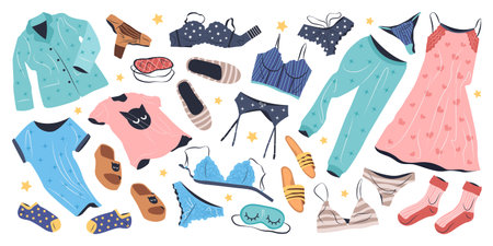 Set of fashion home clothes for women. Casual garments and accessories, nightwear, lingerie, underwear. Socks, panties, bra, sleeping clothes. Flat vector illustrations isolated on white background.のイラスト素材