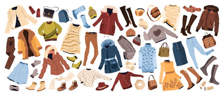 Clothes set in casual style for women. Fashion female clothing, accessories, garments, apparel, bags, hats, shoes for fall and winter. isolated flat vector illustrations on white background. Clip art.のイラスト素材