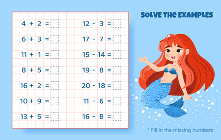 Solve the examples. Addition and subtraction up to 20. Mathematical puzzle game. Worksheet for school, preschool kids. Vector illustration. Cartoon educational game with cute mermaid for children.のイラスト素材
