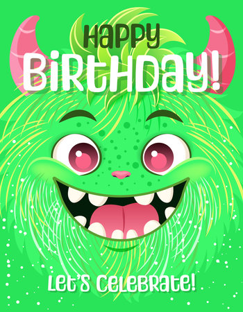 Happy Birthday greeting card or Monster party invitation. Festive postcard featuring a fluffy cartoon monster. Vector design with a cute creature for your celebration event. Layered template.のイラスト素材