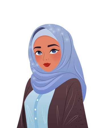 Beautiful Muslim woman in hijab. Vector illustration for print, poster, cover, greeting card. isolated modern art on white background. Close-up portrait of a female with national clothes.のイラスト素材