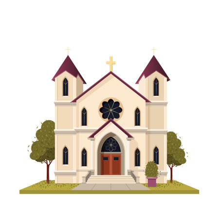 Catholic church building. isolated vector illustration suitable for maps, prints, infographics, greeting cards and posters. A beautiful historical facade of cathedral on a white background. Clip-art.のイラスト素材