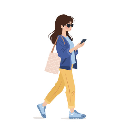 Young woman in casual clothing walking and using her smartphone. Character holding a mobile phone in her hands, surfing internet and chatting. isolated vector illustration on white background.のイラスト素材