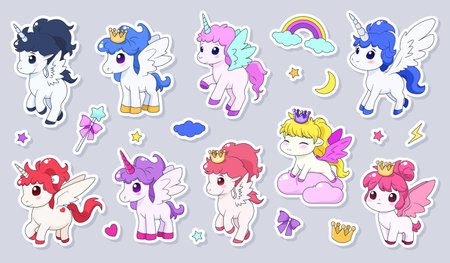 Bundle of cute cartoon stickers with unicorn and pony. isolated vector illustrations for childish print, birthday design, invitation, baby shower card. Clip arts on background. Magical elements.のイラスト素材