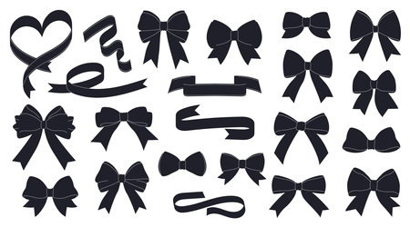 Black bowknot collection. isolated silhouettes of gift bows and ribbons on a white background. These festive vector illustrations can be used for decoration, celebrations, weddings, and party designs.のイラスト素材
