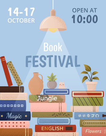 Book fair or festival vertical poster for advertising, promo, invitation, sale. Stacks of various books, lamp, plants. Vector multicolored banner. Education and fun event concept. World book day.のイラスト素材