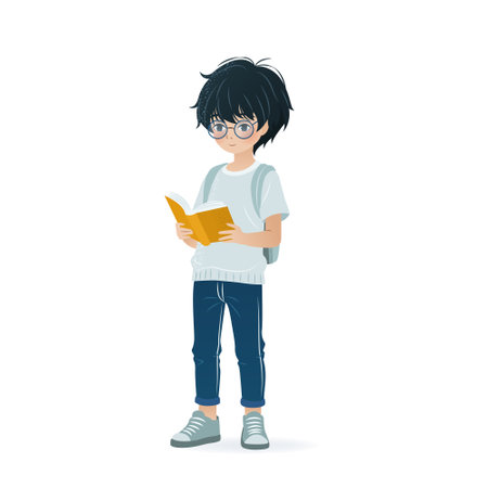 Cute little boy is holding book in his hands and reading it. isolated vector illustration on white background. Cartoon kid for educational designs, book club, world book day. Clip-art.のイラスト素材