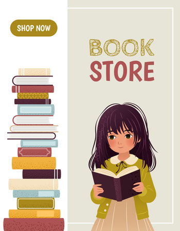 Vertical banner or landing page template for a library or bookstore app with a girl and a pile of books. A textured cartoon illustration of a little kid. An e-library, an e-book concept illustration.のイラスト素材