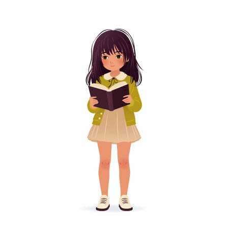 Cute little girl is holding book in her hands and reading it. isolated vector illustration on white background. Cartoon kid for educational designs, book club, world book day. Clip-art.のイラスト素材