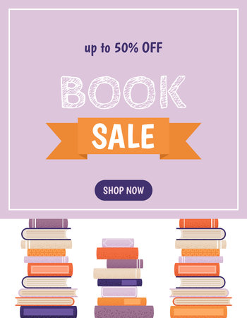 Vertical sale banner, advertising poster for bookstore, book fair or festival, Back to School designs. Vector illustration with pile of various books. E-book or e-library concept.のイラスト素材