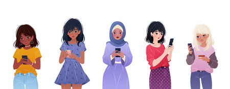 Diverse women of different ethnicities and nationalities using smartphones, surfing internet, chatting, shopping. Set of female characters, young adults holding gadgets. Isolated vector illustrations.のイラスト素材