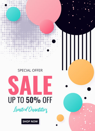 Vertical Sale banner with geometric shapes, lines, dots. Background in Memphis style for promotion, social media post, advertising, Summer Sale, Black Friday. Vector template.のイラスト素材