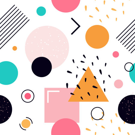 Memphis seamless pattern. Vector tile with different geometric shapes, lines and dots. Abstract minimal design on white background for wrapping paper, textile, posters.のイラスト素材
