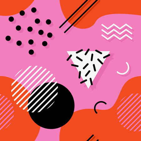 Memphis seamless pattern. Vector tile with different geometric shapes, lines and dots. Abstract minimal design on red background for wrapping paper, textile, posters.のイラスト素材