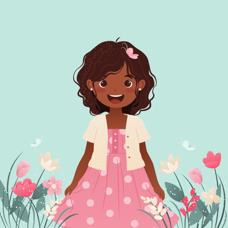 Summer or spring mood. Cute little girl smiling and standing in a meadow with herbs and flowers. This cartoon vector illustration is perfect for childish designs and prints.のイラスト素材