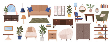 Scandinavian Home Interior, Furniture and Decor Set. Stylish Bedroom or Living Room Interior. Cozy Modern Comfortable Apartment. Isolated Flat Vector Illustrations on white background.のイラスト素材