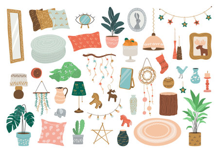 Scandinavian Cozy Home Interior and Decor Set. Modern Accessories for Home. Clip art of Lamps, Paintings, Pillows, Plants, Carpets, Vases, Candles. Isolated Flat Vector Illustrations on White.のイラスト素材