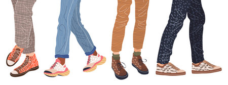 Female and male legs wearing fashion sneakers. Feet in modern different sports footwear. Casual...