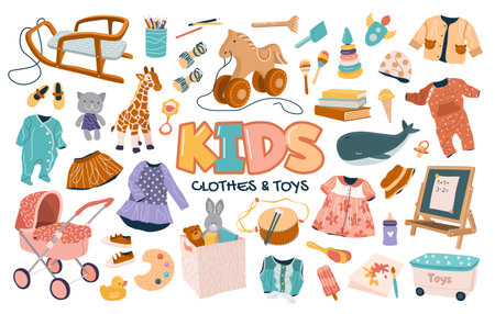 Set of clothes, cute plush and plastic toys for kids. Clothing, chalkboard, car, shoes, pram, books, musical instruments for preschool boys and girls. Isolated flat vector illustrations on white.のイラスト素材