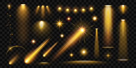 Bright lighting spotlights, stars, flares, sparkles, comets, glitter set with gold light. An isolated effects for concerts, scene illumination, the circus, parties and shows. Abstract design elements.のイラスト素材