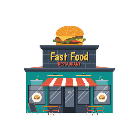 Facade of fast food restaurant building. Modern bistro, cafe, burger joint. Isolated flat icon on transparent background.のイラスト素材