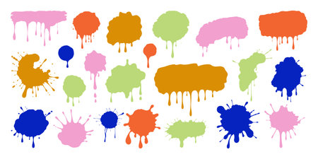 Multicolored paint splashes, ink drops, grunge liquid drips and splashes. Stains with scattered and dripping droplets. Isolated sprayed elements. Flat blobs of various shapes. Abstract textures.のイラスト素材