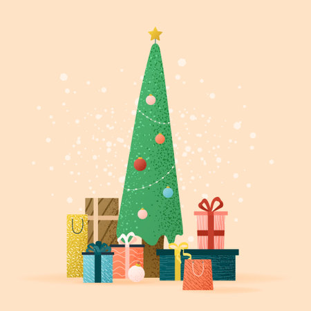 Hand drawn textured illustration with fir, gift boxes, toys, and snowflakes. Cozy scene of fir tree decorated for xmas. Flat art to celebrate happy new year, xmas, hello winter. Square vector banner.のイラスト素材