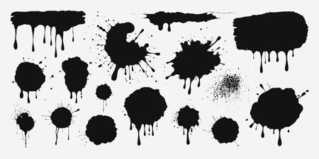Set of black paint splashes, ink drops, grunge liquid drips and splashes. Stains with scattered and dripping droplets. Isolated elements. Blobs of various shapes. Abstract vector illustrations.のイラスト素材